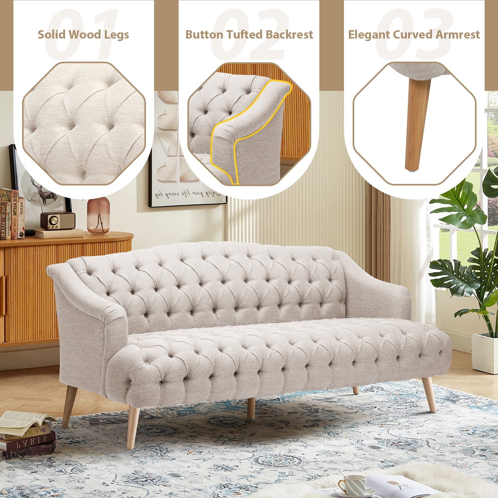 FFH 3-Seater Velvet Lounge Sofa with Tufted Backrest &amp; Deep Seat Cushion, Comfy Upholstered Couch with Wood Legs, 73.25&quot;*33.25&quot;*32.5&quot;
