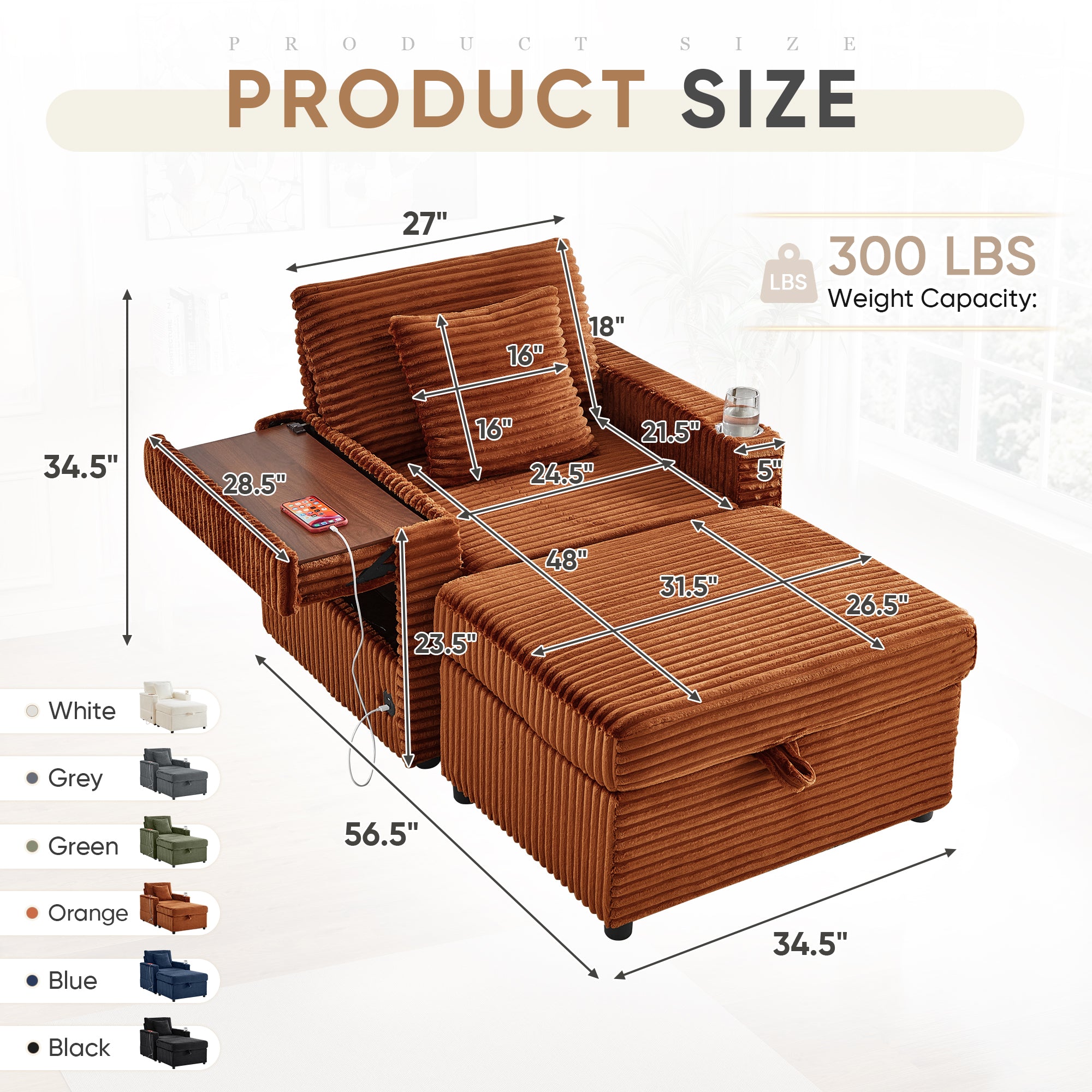 FFH Accent Chair with Storage Ottoman &amp; Side Table, Cozy Lounge Chair with USB, Modern Single Sofa Armchair for Living Room, Orange Corduroy