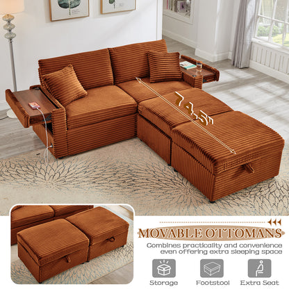 FFH Loveseat Sectional Sofa with 2 Storage Ottomans, Modular Cloud Couch with 2 Side Tables &amp; USB, Plush Double Chaise Lounge Sofa Bed Indoor, Orange Corduroy