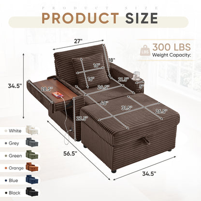 FFH Accent Chair with Storage Ottoman &amp; Side Table, Cozy Lounge Chair with USB, Modern Single Sofa Armchair for Living Room, Brown Corduroy