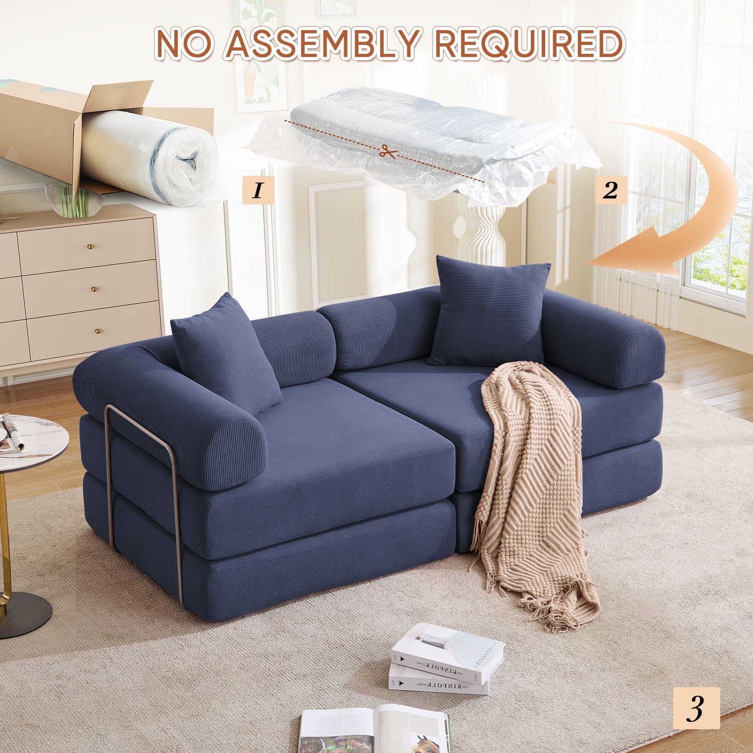 FFH Modular Convertible Floor Sofa Bed, Comfy Foldable Sleeper Cloud Couch for Living Room, Bedroom, Dark Blue Corduroy