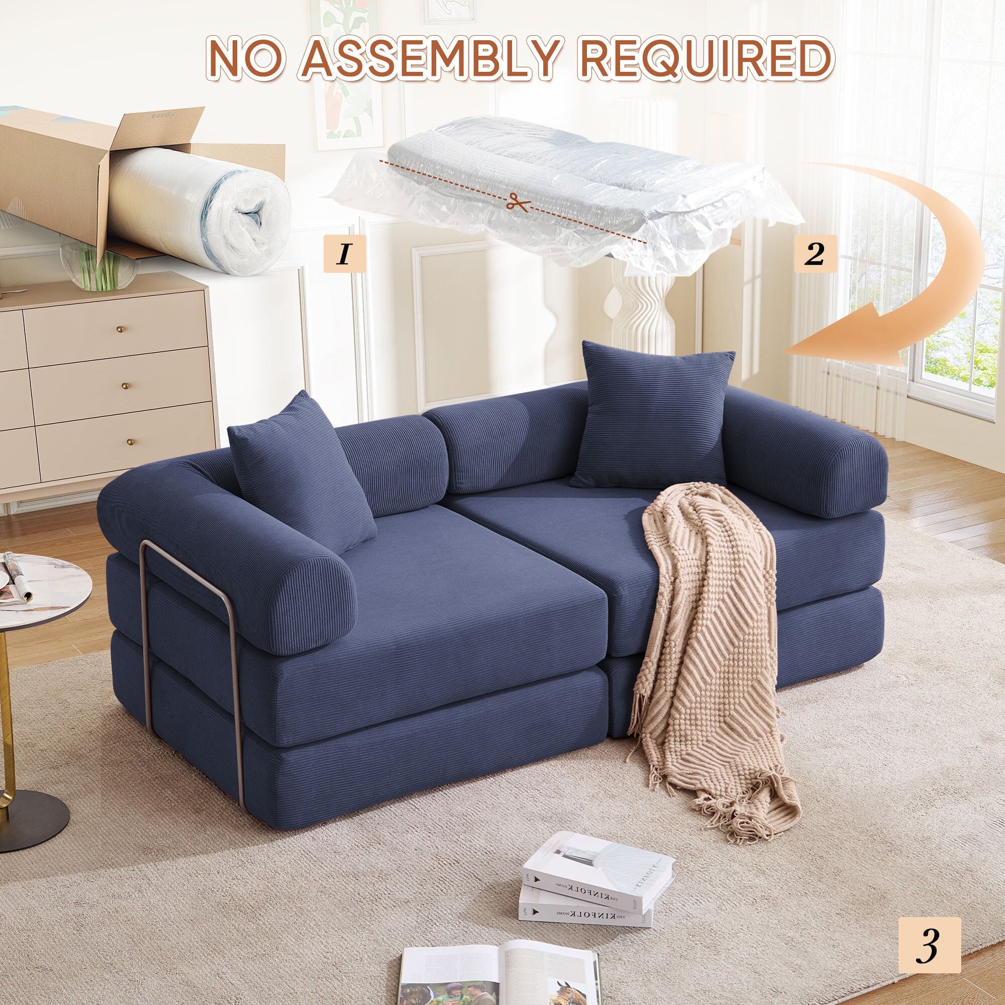 FFH Modular Convertible Floor Sofa Bed, Comfy Foldable Sleeper Cloud Couch for Living Room, Bedroom, Dark Blue Corduroy