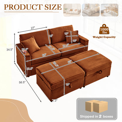 FFH Loveseat Sectional Sofa with 2 Storage Ottomans, Modular Cloud Couch with 2 Side Tables &amp; USB, Plush Double Chaise Lounge Sofa Bed Indoor, Orange Corduroy