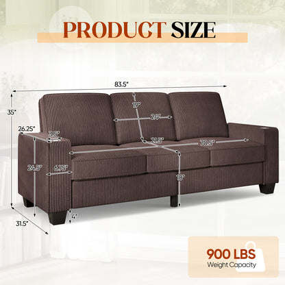 FFH 83.5" Living Room Sofa with Cup Holders, Cozy Plush Upholstered Couch, Corduroy Sofa 3-Seater, Brown