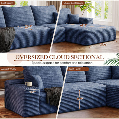 FFH 107" Cloud Sectional Sofa with Right Chaise, Cozy L-Shaped Modular Sofa, Plush Corduroy Sleeper Bed Couch, No Assembly Required, Blue