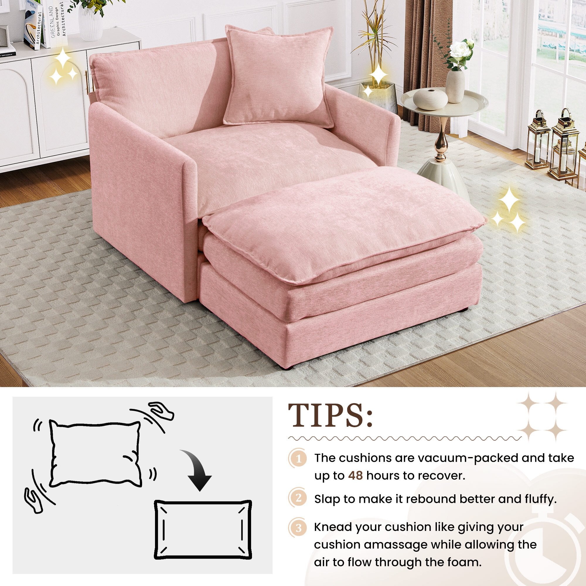 FFH Oversized Lounge Chair with Ottoman, Plush Cloud Accent Armchair for Living Room, Bedroom, Pink Chenille