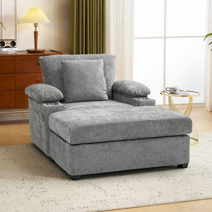 FFH Accent Chair, Modern Oversized Chair with Ottoman, Chenille Comfy Sofa Bed with Cup Holders, Charging Ports and Storage Space