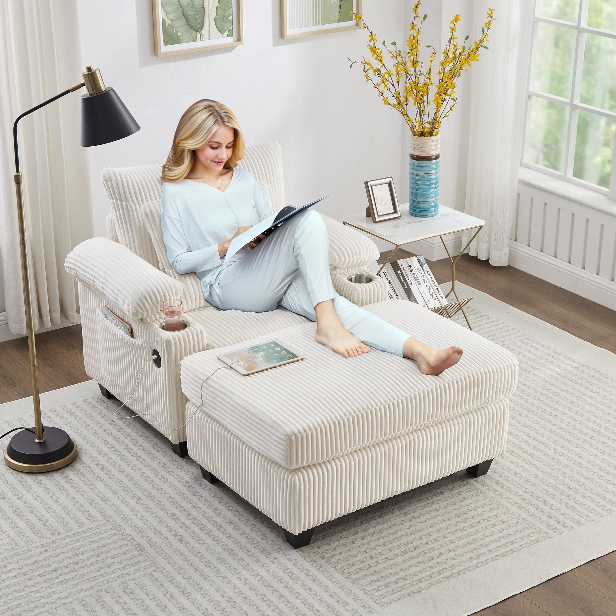 FFH Living Room Chair with Ottoman, 7-Speed Adjustable Backrest, USB &amp; Storage Arms, Cozy Indoor Corduroy Lounge Armchair, Beige