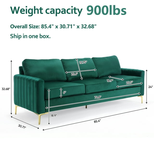 FFH 85 inch Sofa Couch, 3 Seater Loveseat Sofa, Mid Century Modern Tufted Velvet Couch for Living Room, Living Room Furniture Sets, Green