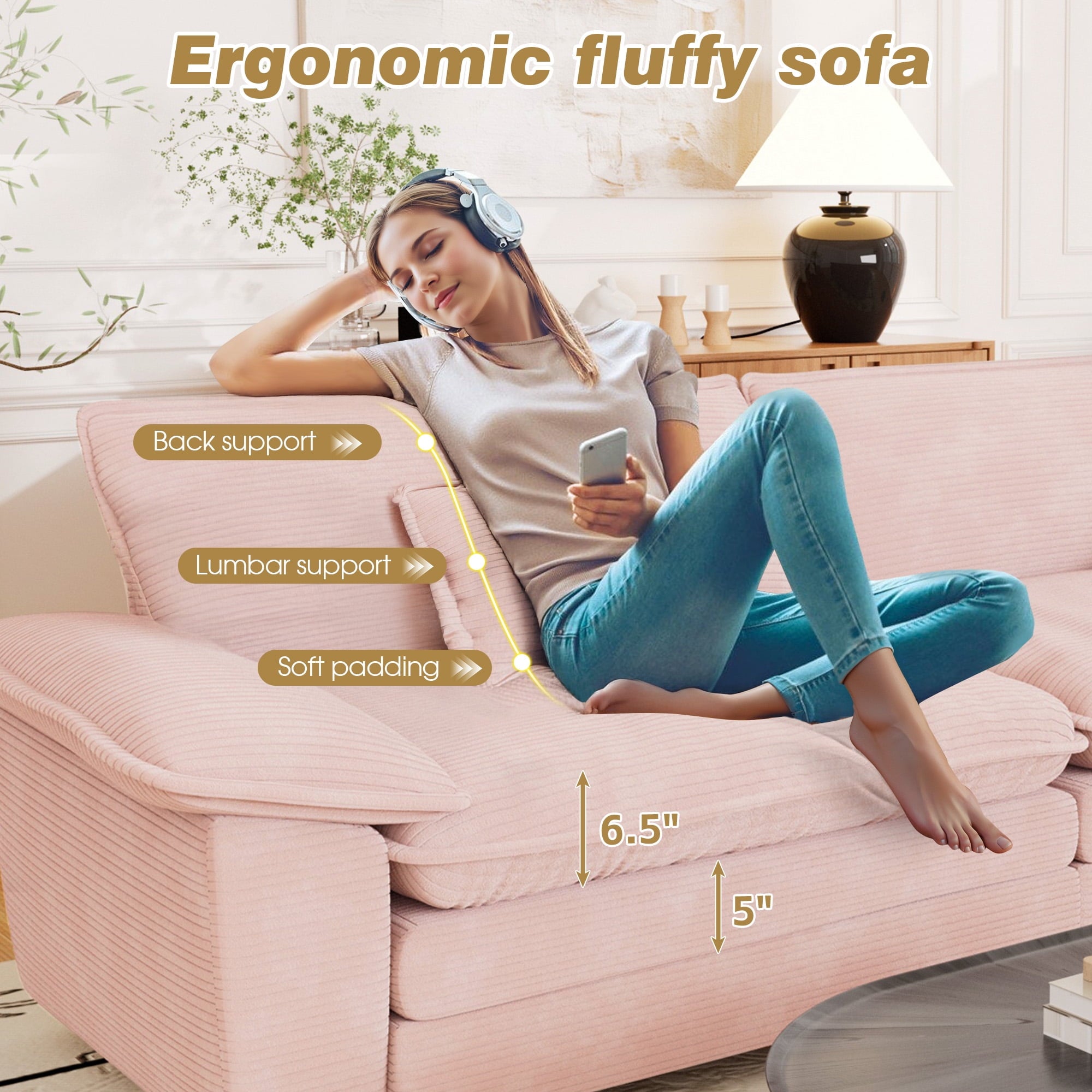 FFH 80.5" Corduroy Loveseat Sofa, Oversized Upholstered 2-Seater Fluffy Cloud Sleeper Couch for Living Room/Apt, Pink
