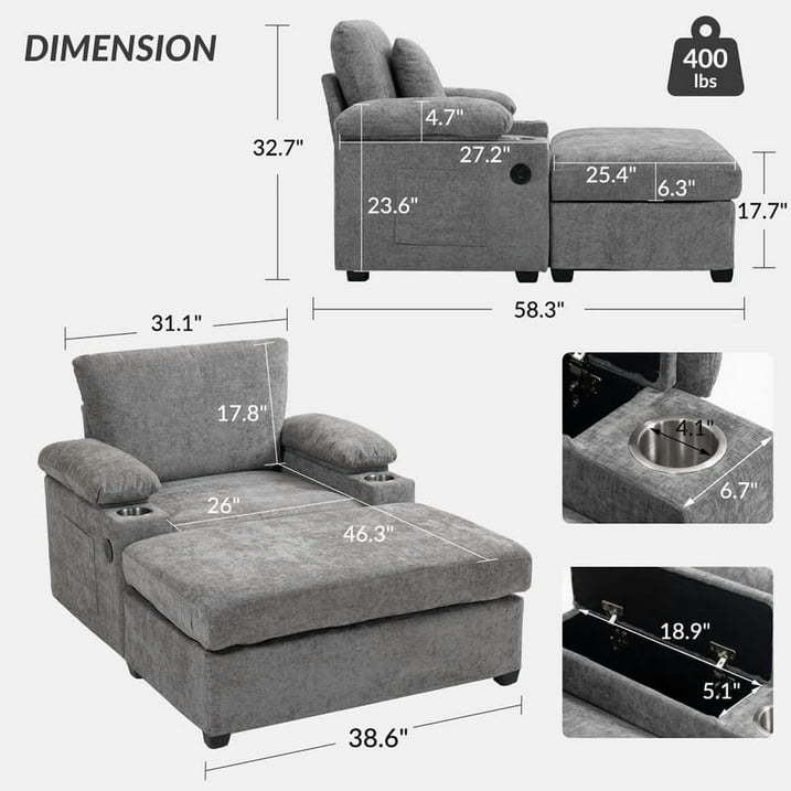 FFH Accent Chair, Modern Oversized Chair with Ottoman, Chenille Comfy Sofa Bed with Cup Holders, Charging Ports and Storage Space
