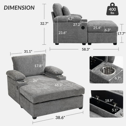 FFH Accent Chair, Modern Oversized Chair with Ottoman, Chenille Comfy Sofa Bed with Cup Holders, Charging Ports and Storage Space