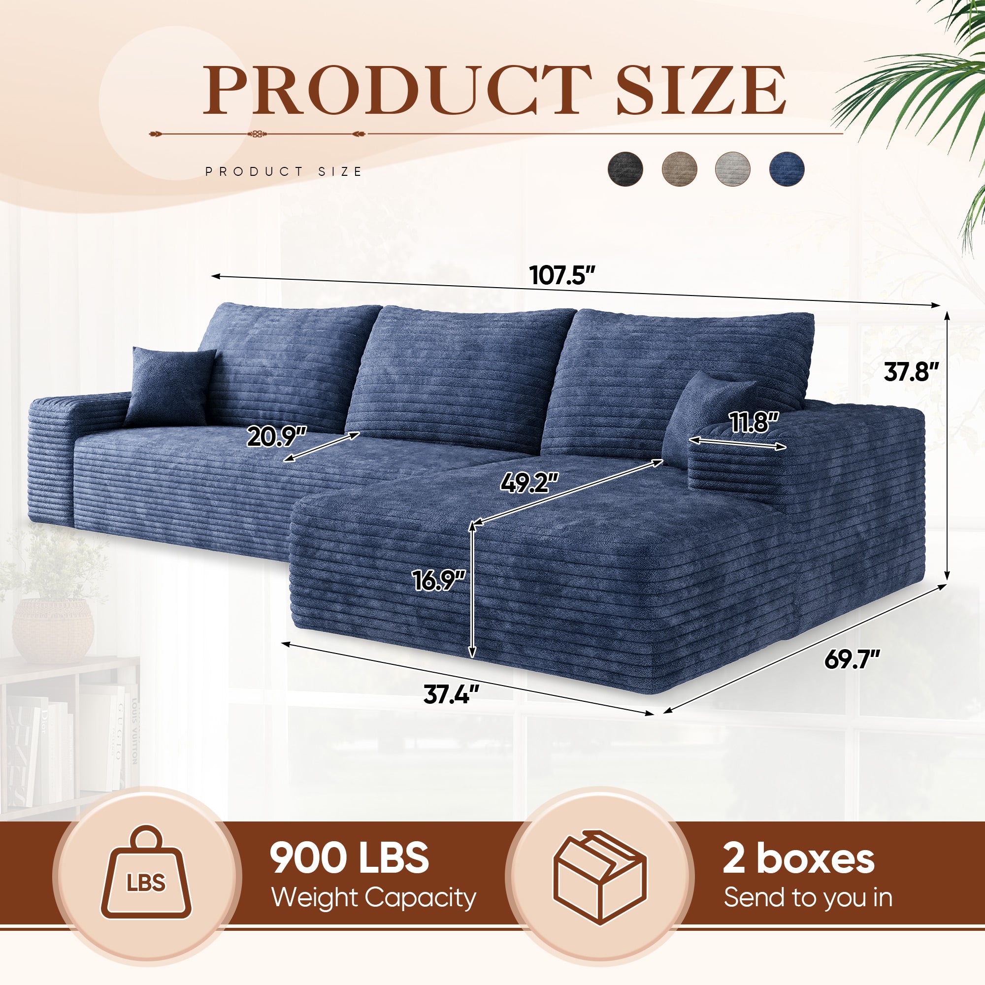 FFH 107" Cloud Sectional Sofa with Right Chaise, Cozy L-Shaped Modular Sofa, Plush Corduroy Sleeper Bed Couch, No Assembly Required, Blue