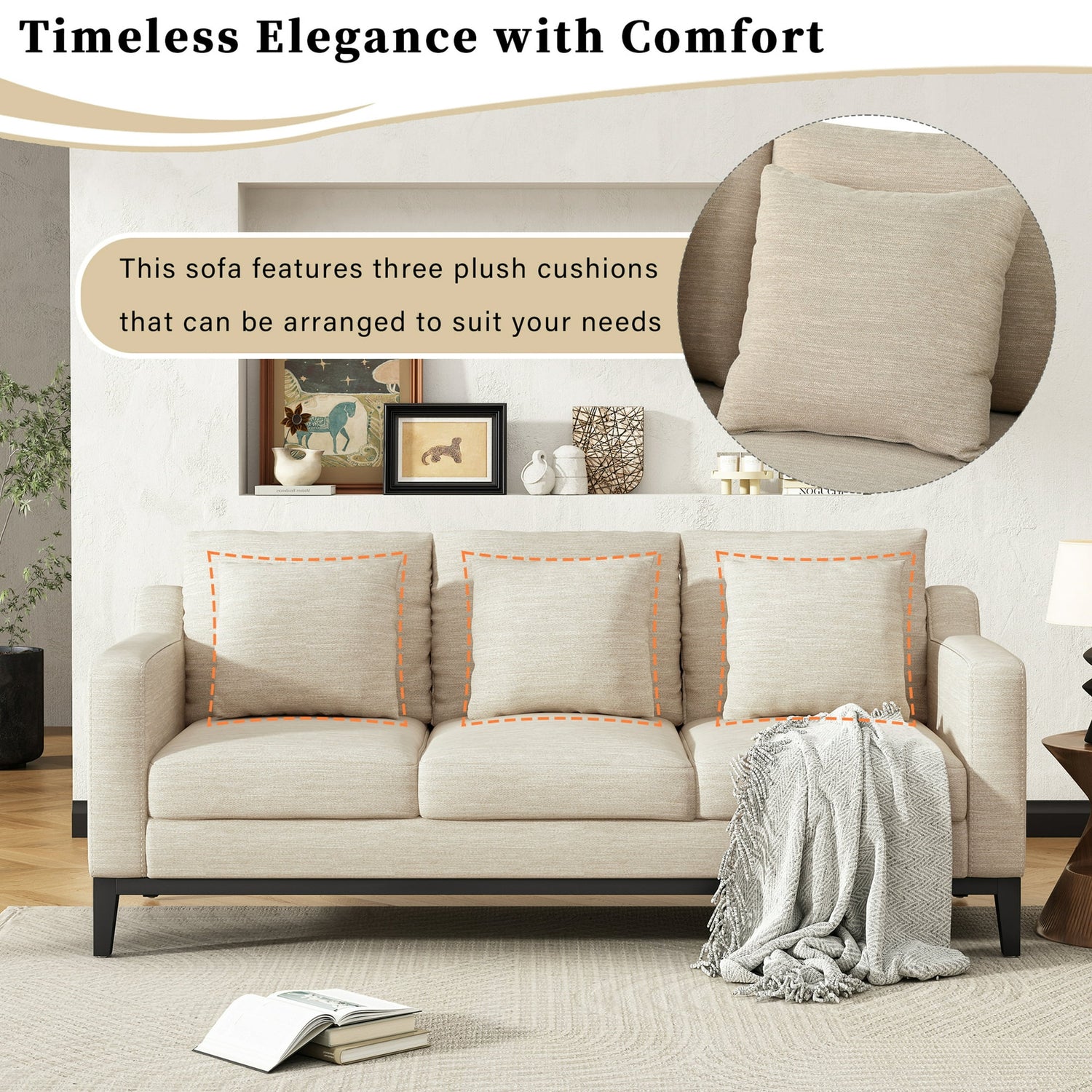 FFH 3-Seater Fabric Lounge Sofa with 3 Pillows &amp; Deep Seat, Modern Comfy Upholstered Couch with Wood Legs, 80.5&quot;*34&quot;*34&quot;