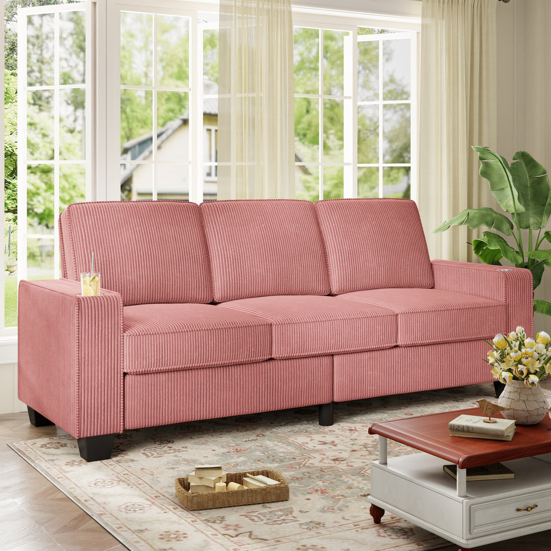 FFH 83.5&quot; Living Room Sofa with Cup Holders, Cozy Plush Upholstered Couch, Corduroy Sofa 3-Seater, Pink
