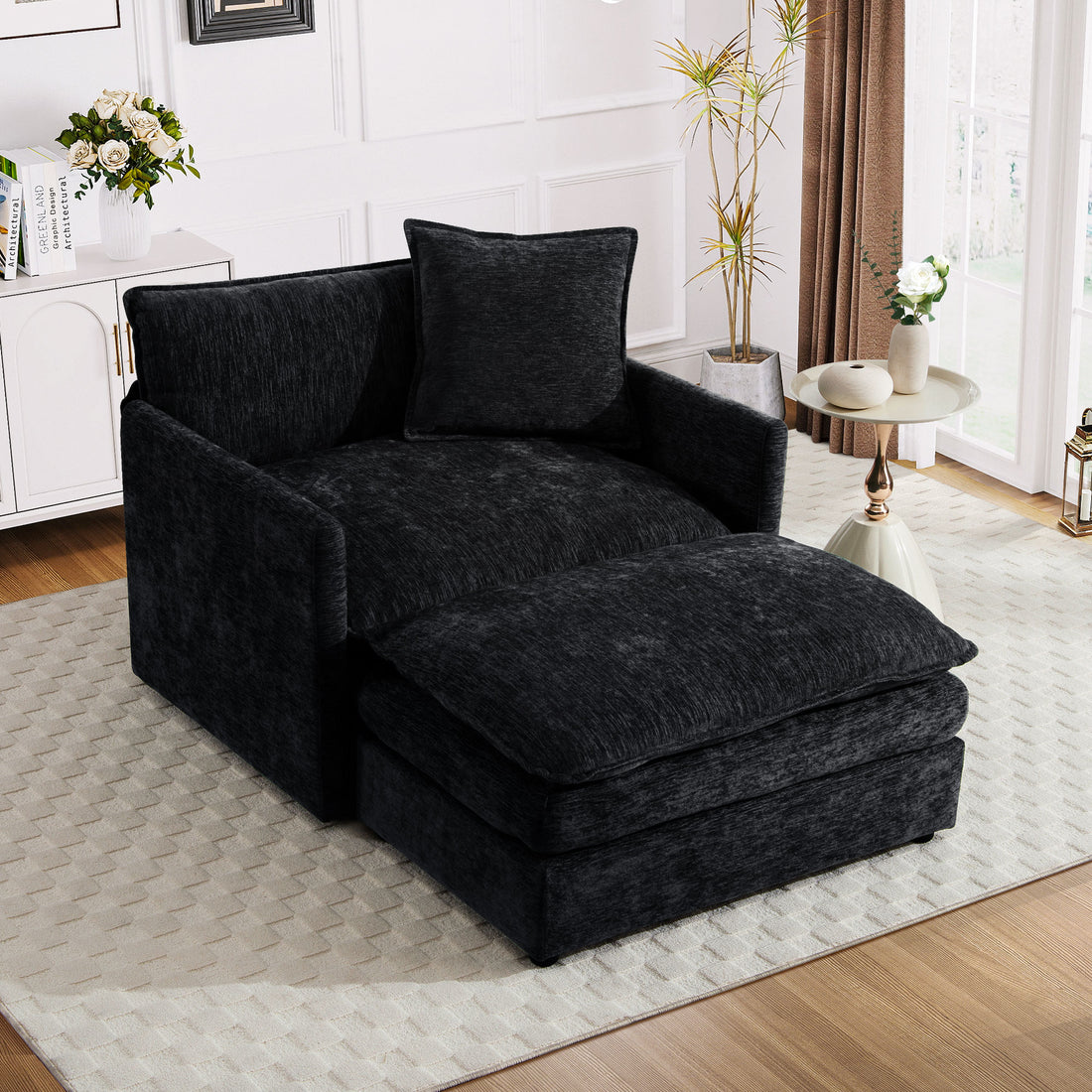 FFH Oversized Lounge Chair with Ottoman, Cloud Accent Armchair for Living Room, Black Chenille