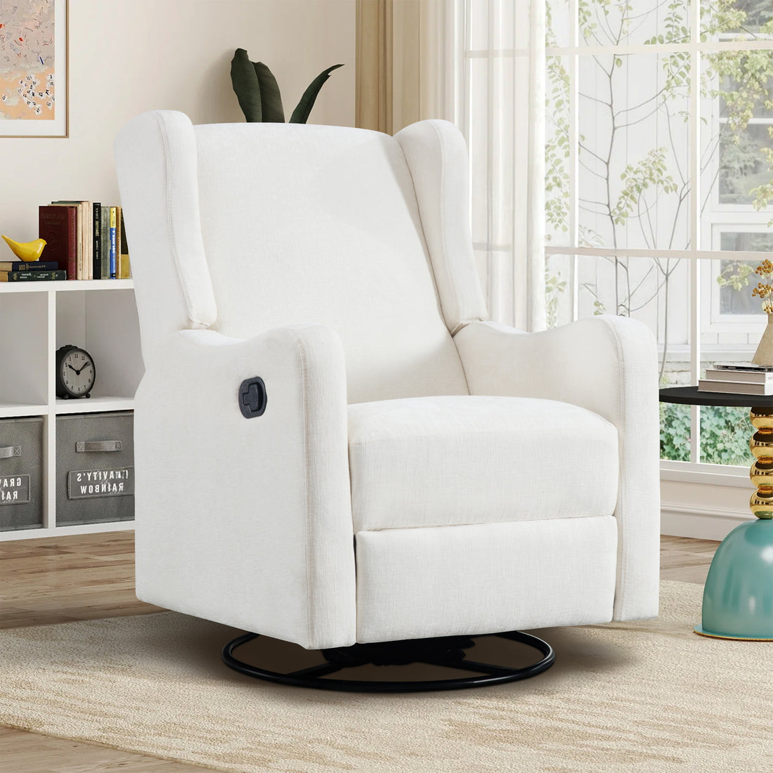 FFH Wingback Swivel Recliner, Glider Rocking Chair for Living Room, Nursery Rocker, Beige Chenille