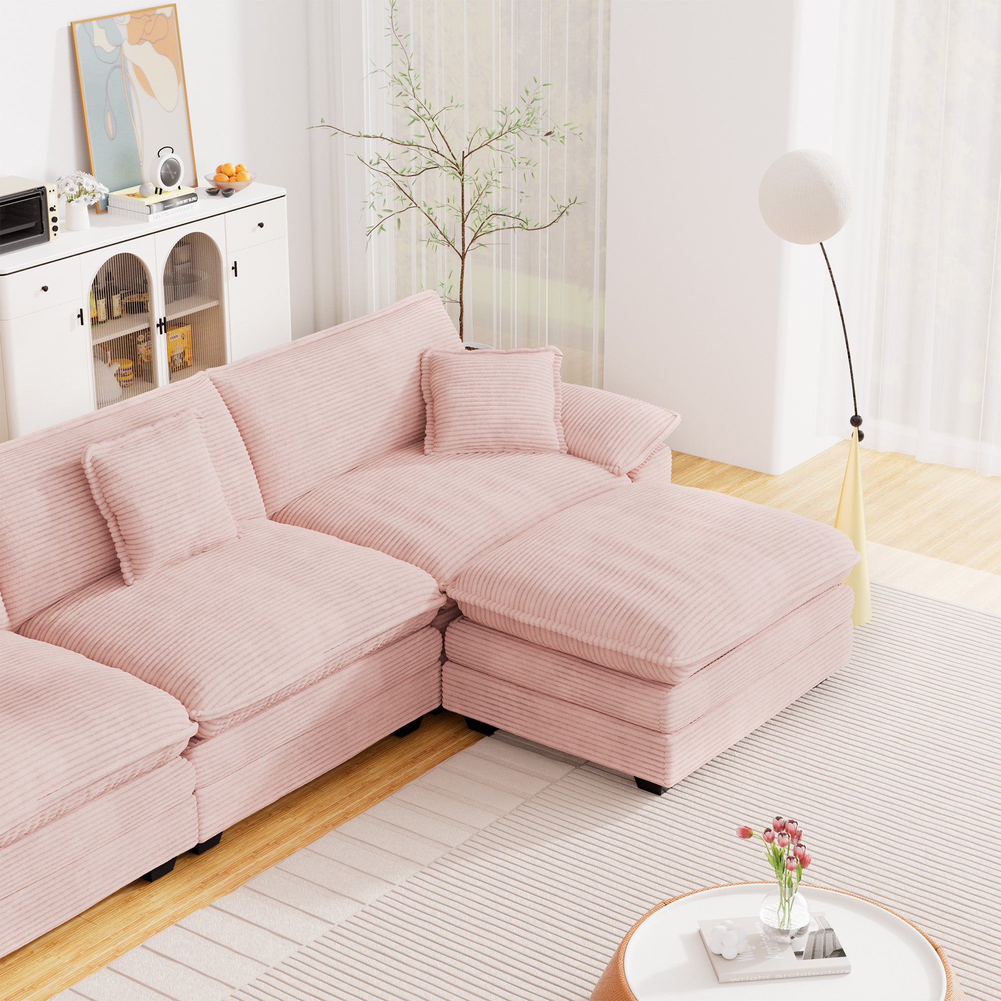 FFH Modular Sectional Cloud Couch with Ottoman, Oversized L-Shaped Corduroy Sofa for Living Room, Pink