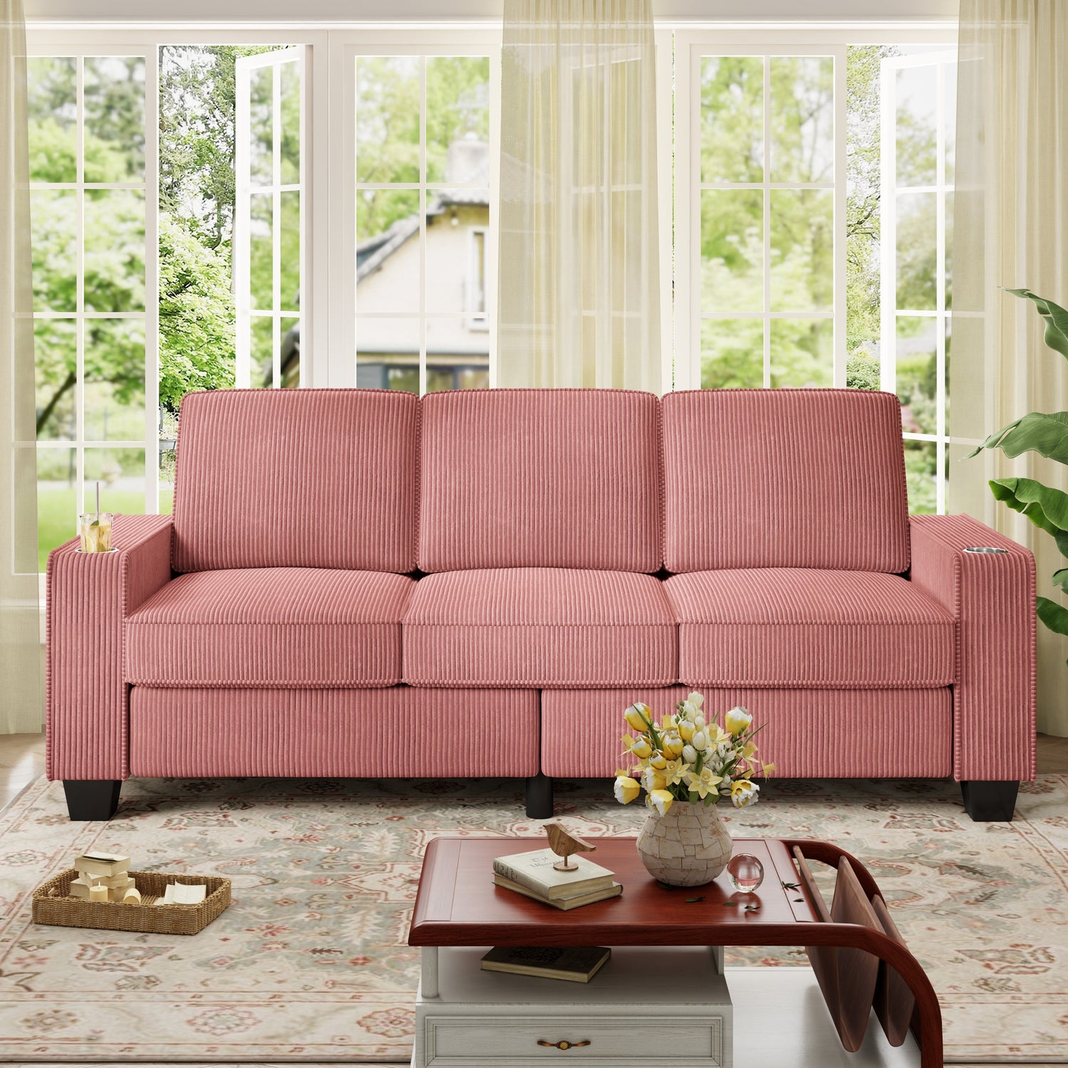 FFH 83.5&quot; Living Room Sofa with Cup Holders, Cozy Plush Upholstered Couch, Corduroy Sofa 3-Seater, Pink