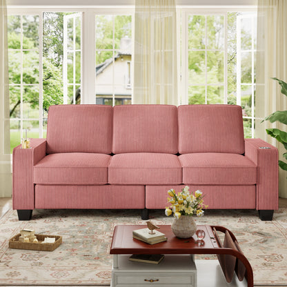 FFH 83.5&quot; Living Room Sofa with Cup Holders, Cozy Plush Upholstered Couch, Corduroy Sofa 3-Seater, Pink