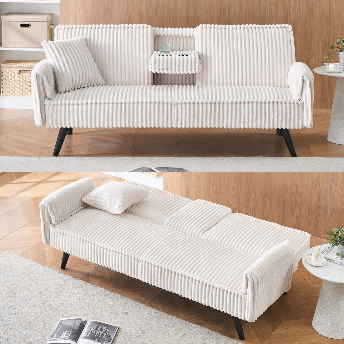 FFH Modern Corduroy Futon Sofa Bed with Adjustable Backrest,Convertible Loveseat Sleeper,Soft Couch with Drop-Down Table and Cup Holder for Living room