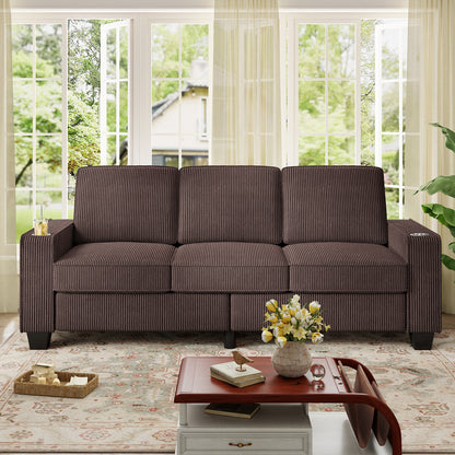 FFH 83.5" Living Room Sofa with Cup Holders, Cozy Plush Upholstered Couch, Corduroy Sofa 3-Seater, Brown