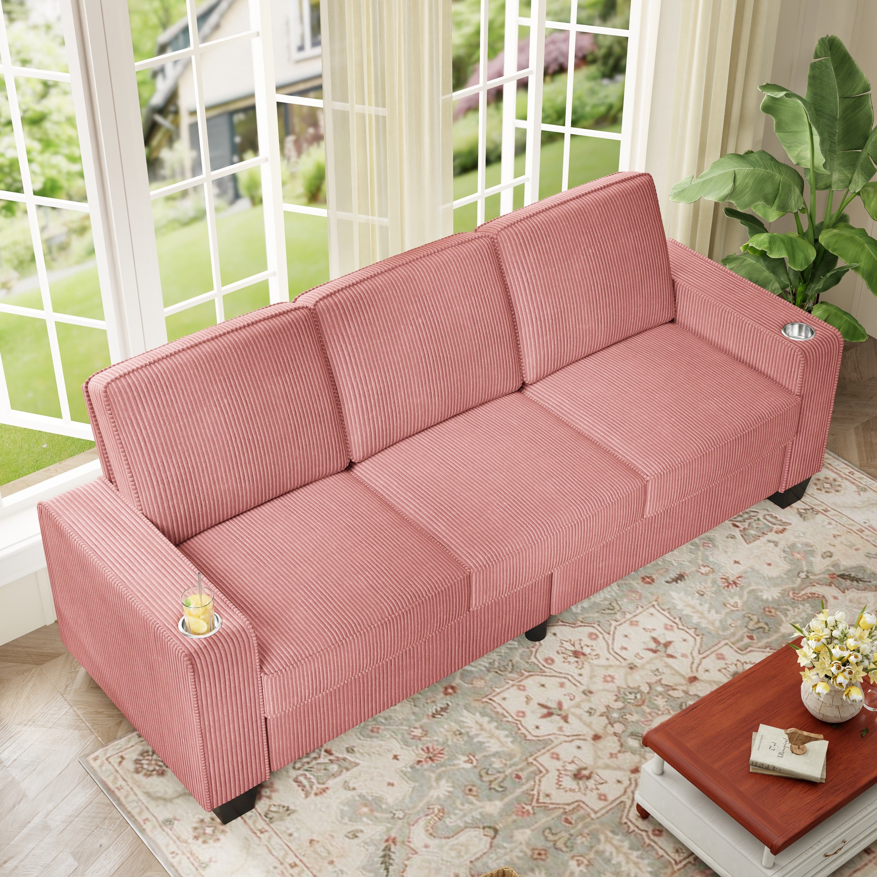 FFH 83.5&quot; Living Room Sofa with Cup Holders, Cozy Plush Upholstered Couch, Corduroy Sofa 3-Seater, Pink