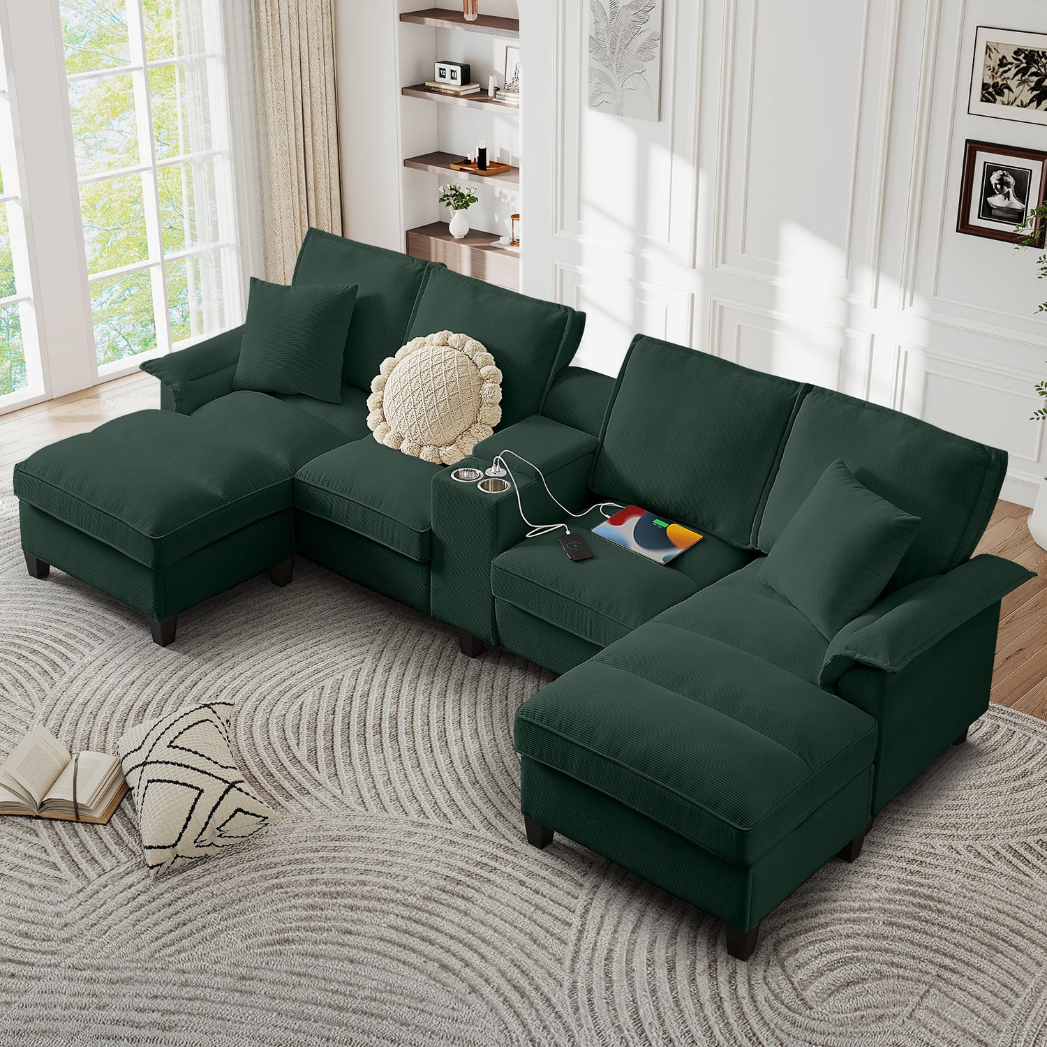 FFH 120&quot; U-Shaped Sectional Sofa with USB &amp; Storage, Living Room 4-Seater Couch with Double Chaise Lounge, Cup Holders, Green Corduroy
