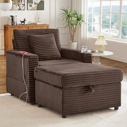 FFH Accent Chair with Storage Ottoman &amp; Side Table, Cozy Lounge Chair with USB, Modern Single Sofa Armchair for Living Room, Brown Corduroy