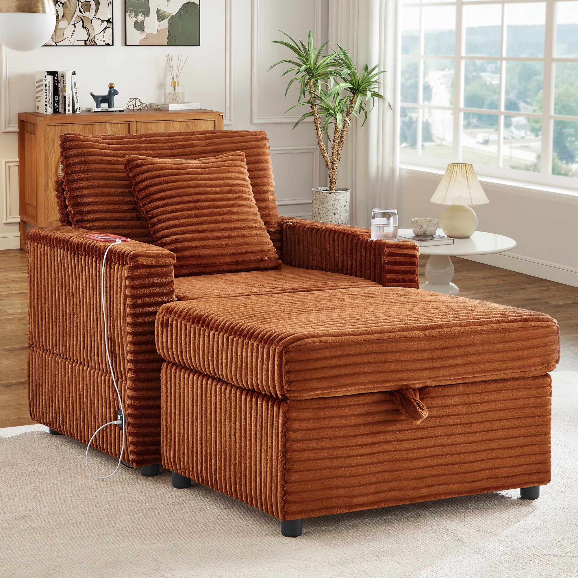 FFH Accent Chair with Storage Ottoman &amp; Side Table, Cozy Lounge Chair with USB, Modern Single Sofa Armchair for Living Room, Orange Corduroy