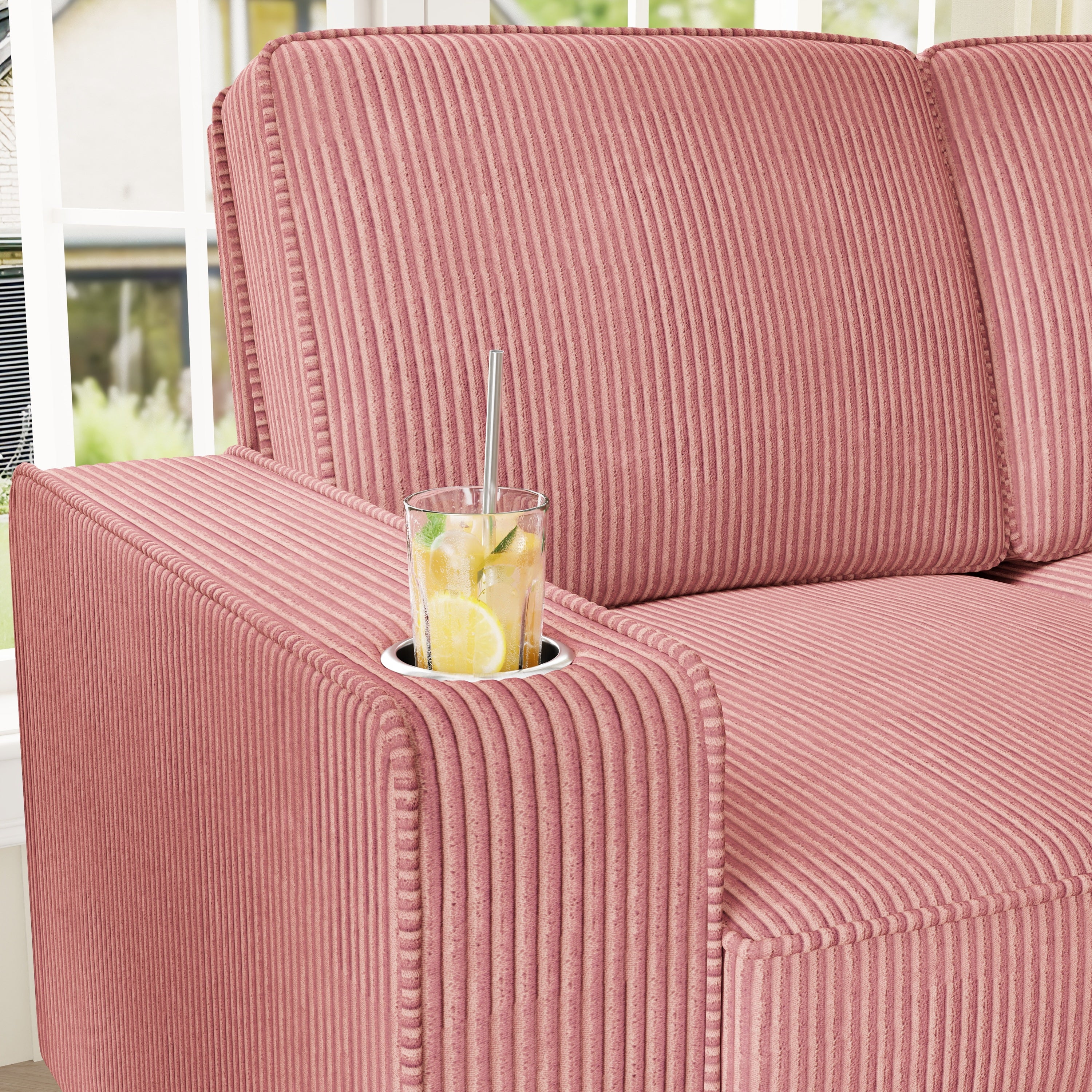 FFH 83.5&quot; Living Room Sofa with Cup Holders, Cozy Plush Upholstered Couch, Corduroy Sofa 3-Seater, Pink