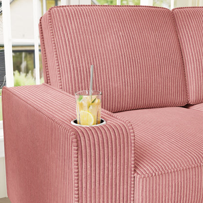FFH 83.5&quot; Living Room Sofa with Cup Holders, Cozy Plush Upholstered Couch, Corduroy Sofa 3-Seater, Pink