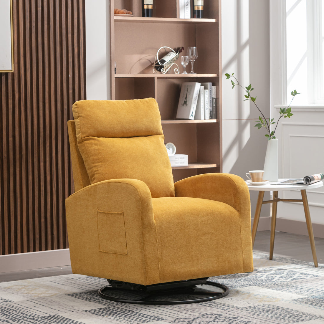 FFH Swivel Glider for Nursery, Comfy Swivel Rocking Glider Chair with Comfortable Headrest and Lumbar Pillow, Yellow Velvet