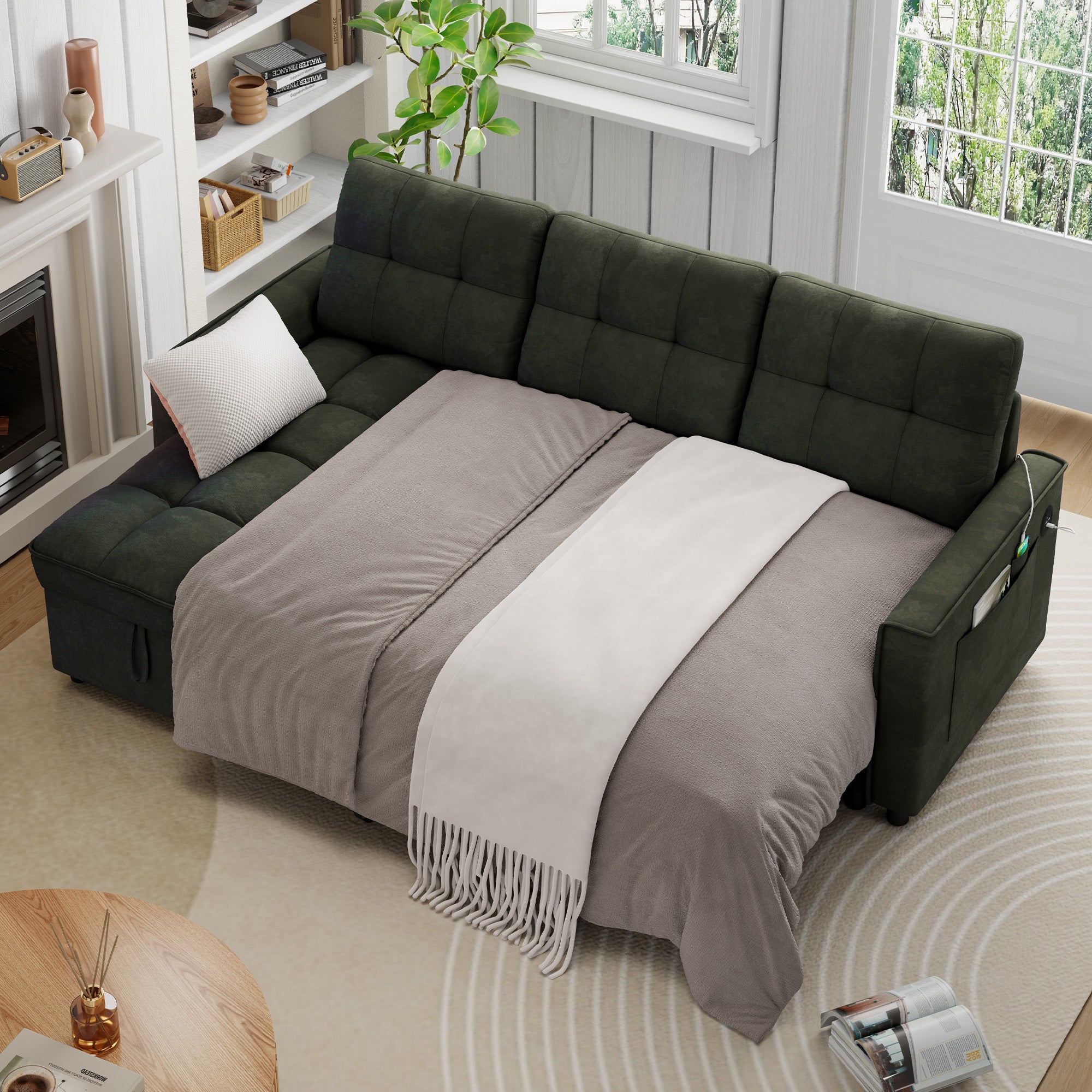 FFH Convertible Sofa Bed, Sectional Sleeper Sofa with Storage Chaise, L-Shaped Couch for Living Room, Green Chenille