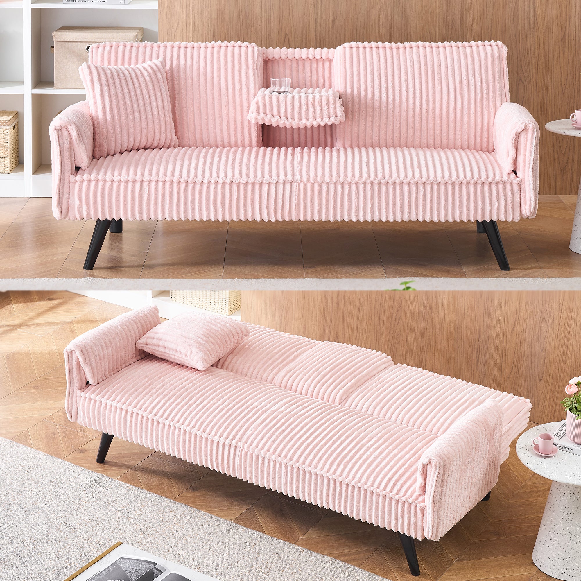 FFH Modern Corduroy Futon Sofa Bed with Adjustable Backrest,Convertible Loveseat Sleeper,Soft Couch with Drop-Down Table and Cup Holder for Living room