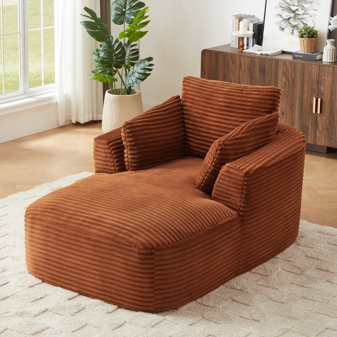 FFH Chaise Lounge Indoor, Cozy Lounge Chair Sleeper Sofa for Adults, No Assembly Required, Orange Corduroy