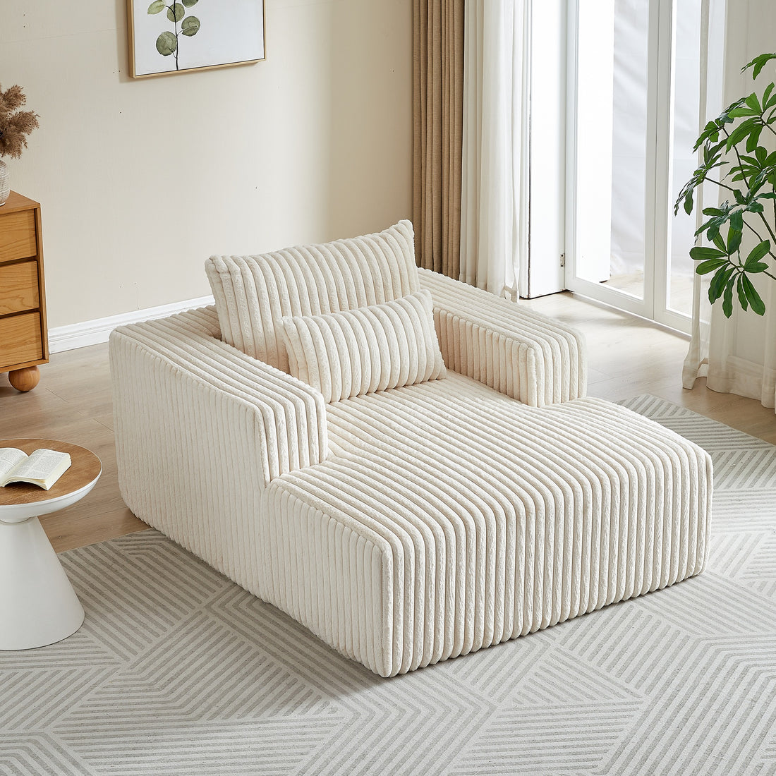 FFH Oversized Chaise Lounge Indoor, No Assembly Required, Plush Lounge Chair Indoor, Cozy Sleeper Chair Bed, Beige Corduroy