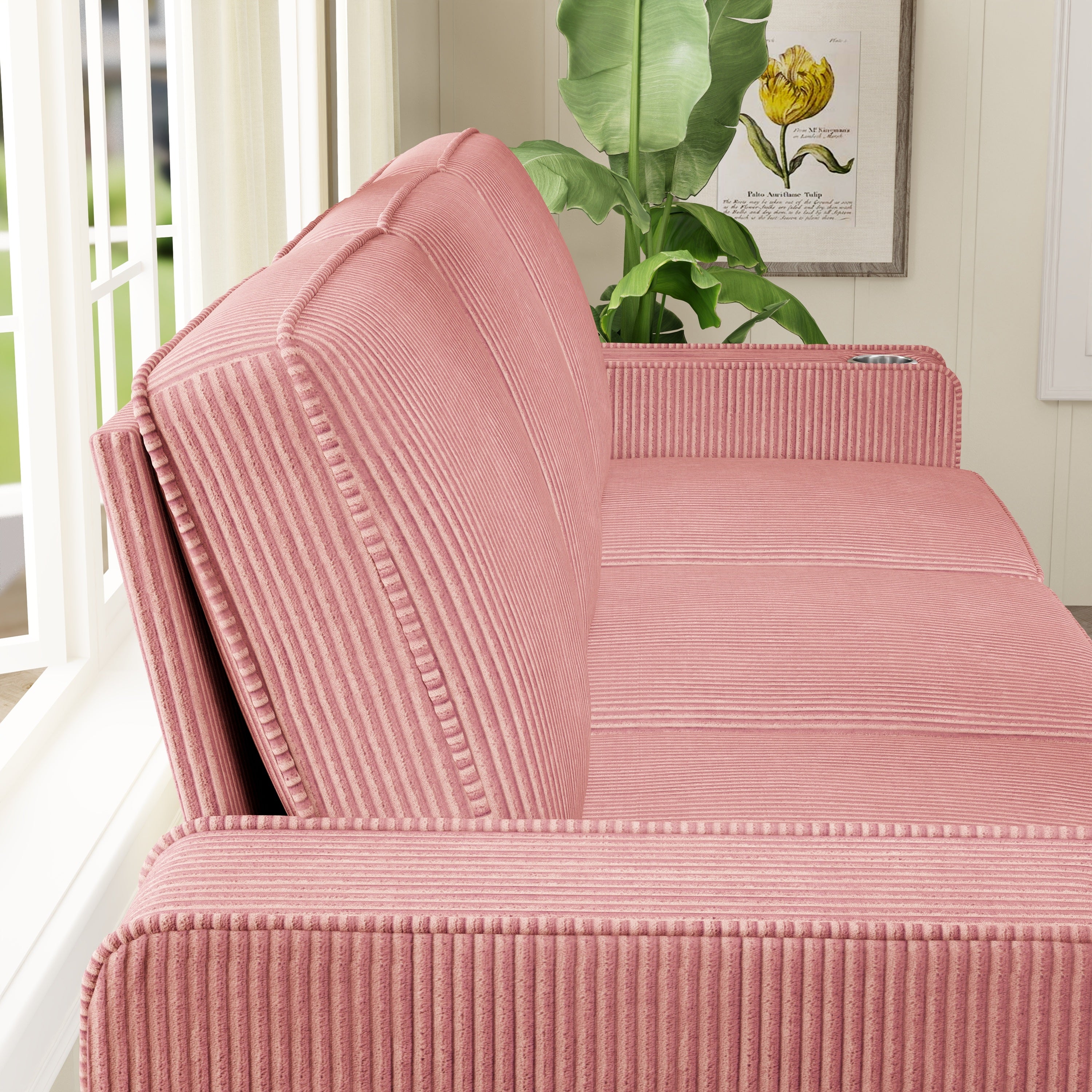 FFH 83.5&quot; Living Room Sofa with Cup Holders, Cozy Plush Upholstered Couch, Corduroy Sofa 3-Seater, Pink