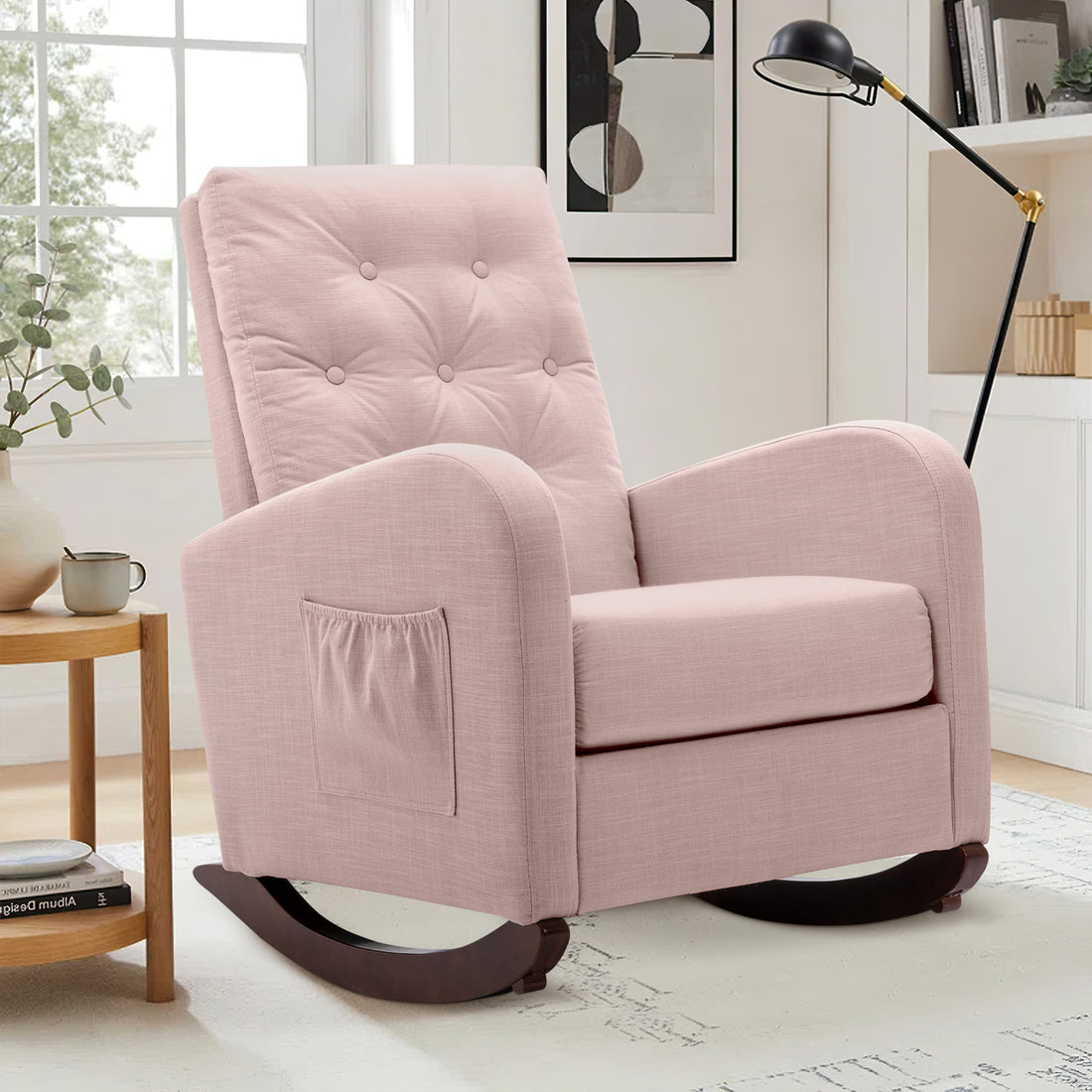 FFH Glider Rocker for Living Room, Rocking Chair for Nursery, Tufted High Back, Pink Linen