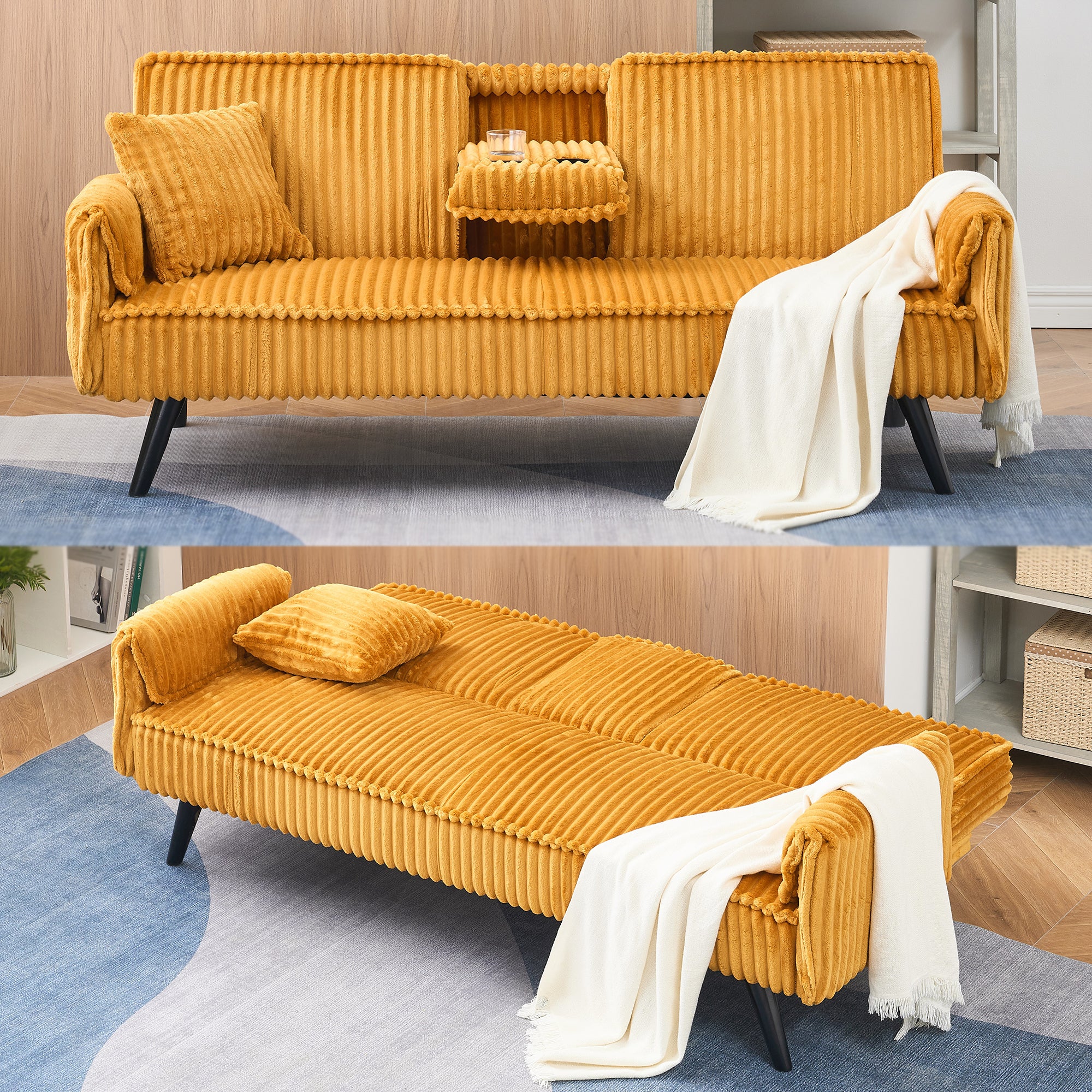 FFH Modern Corduroy Futon Sofa Bed with Adjustable Backrest,Convertible Loveseat Sleeper,Soft Couch with Drop-Down Table and Cup Holder for Living room
