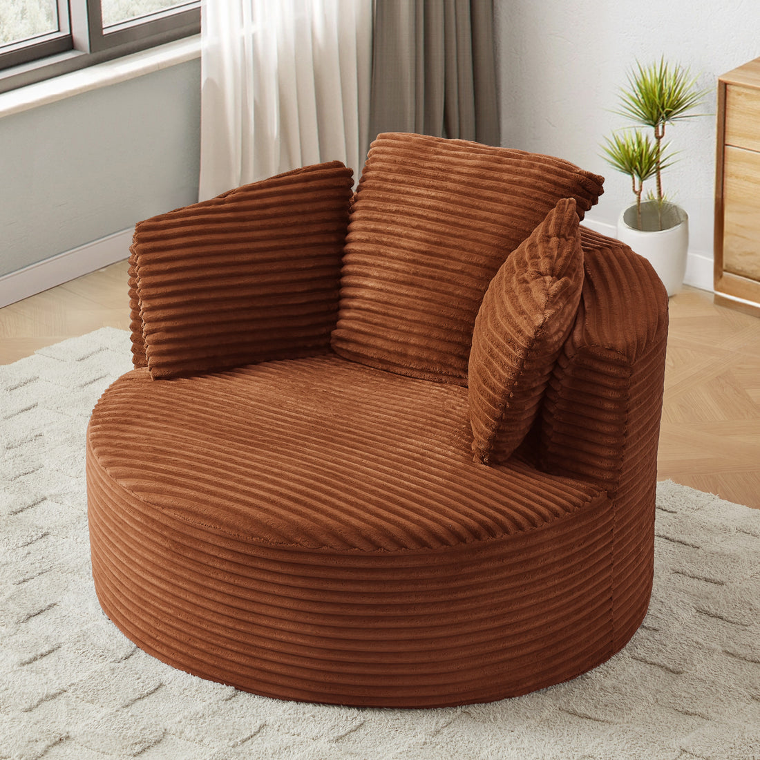 FFH 48.8" Oversized Accent Barrel Chair, Fluffy Round Lazy Sofa Chair for Adults, No Assembly Required, Orange Corduroy
