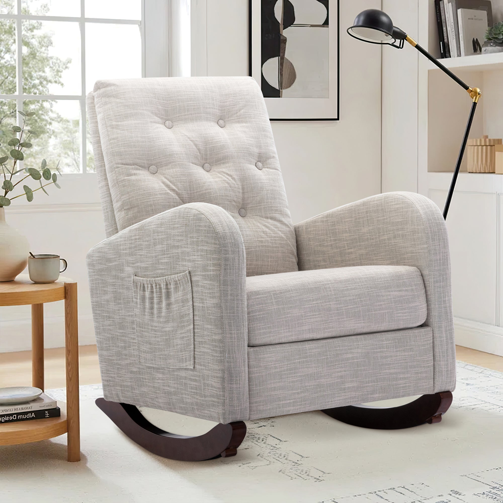 FFH Glider Rocker for Living Room, Rocking Chair for Nursery, Tufted High Back, Light Gray Linen