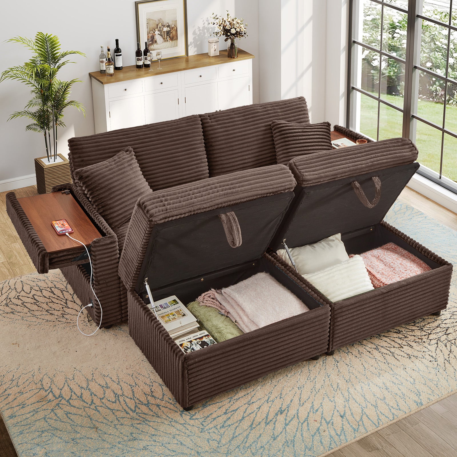 FFH Loveseat Sectional Sofa with 2 Storage Ottomans, Modular Cloud Couch with 2 Side Tables &amp; USB, Plush Double Chaise Lounge Sofa Bed Indoor, Brown Corduroy