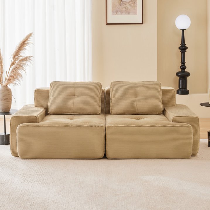 FFH Loveseat Sofa, 80" Modular Sectional Sofa for Living Room, Corduroy 2-Seater Cloud Couch with Deep Seat, Pearl-like Piping, Tufted Design, No Assembly, Anti-slip Design (Camel, 2 Seater)