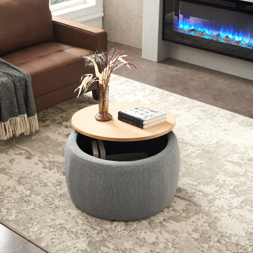 FFH Round Storage Ottoman, 2 in 1 Function, Work as End table and Ottoman, Dark Grey (25.5&quot;x25.5&quot;x14.5&quot;)