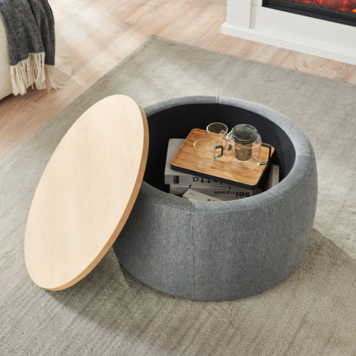 FFH Round Storage Ottoman, 2 in 1 Function, Work as End table and Ottoman, Dark Grey (25.5&quot;x25.5&quot;x14.5&quot;)