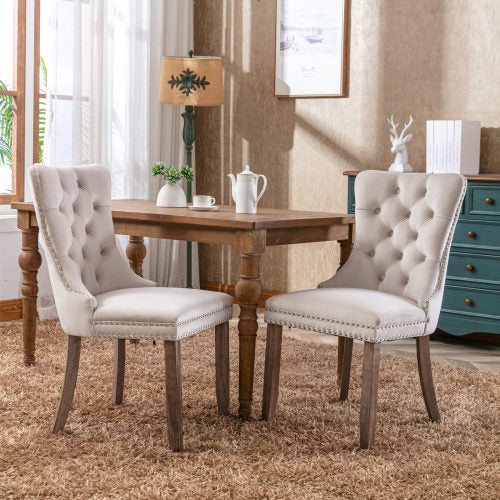 FFH Collection Modern, High-end Tufted Solid Wood Contemporary Velvet Upholstered Dining Chair with Wood Legs Nailhead Trim 2-Pcs Set,Beige