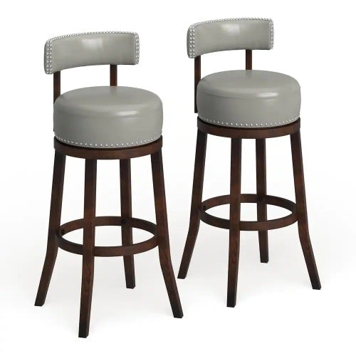 FFH Sherly Set of 2 Bar stool 30&quot; Swivel Stool Dark Oak Solid wood Dark Gray Leatherette Chairs Dining Room