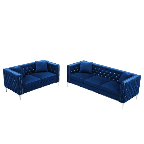 FFH 2 Piece Modern Velvet Living Room Set with Sofa and Loveseat,Jeweled Button Tufted Copper Nails Square Arms,4 Pillows Included,Blue