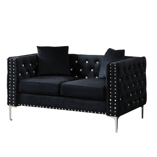 FFH 2 Piece Modern Velvet Living Room Set with Sofa and Loveseat,Jeweled Button Tufted Copper Nails Square Arms Black,4 Pillows Included